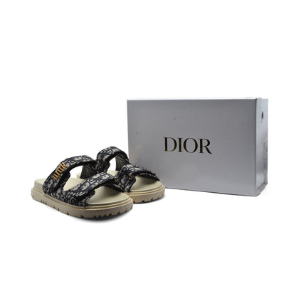 Christian Dior Textured with Gold Accents Oblique Raffia Chambray Jacquard Dioract Sandals Woman 16888-2 Navy