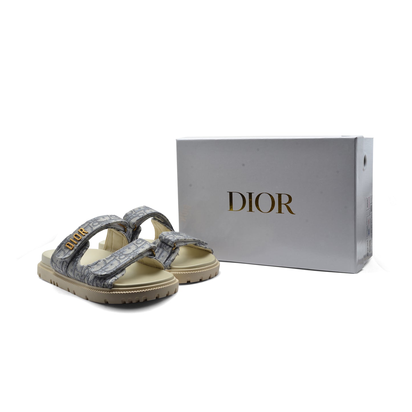 Christian Dior Textured with Gold Accents Oblique Raffia Chambray Jacquard Dioract Sandals Woman 16888-2 Gray