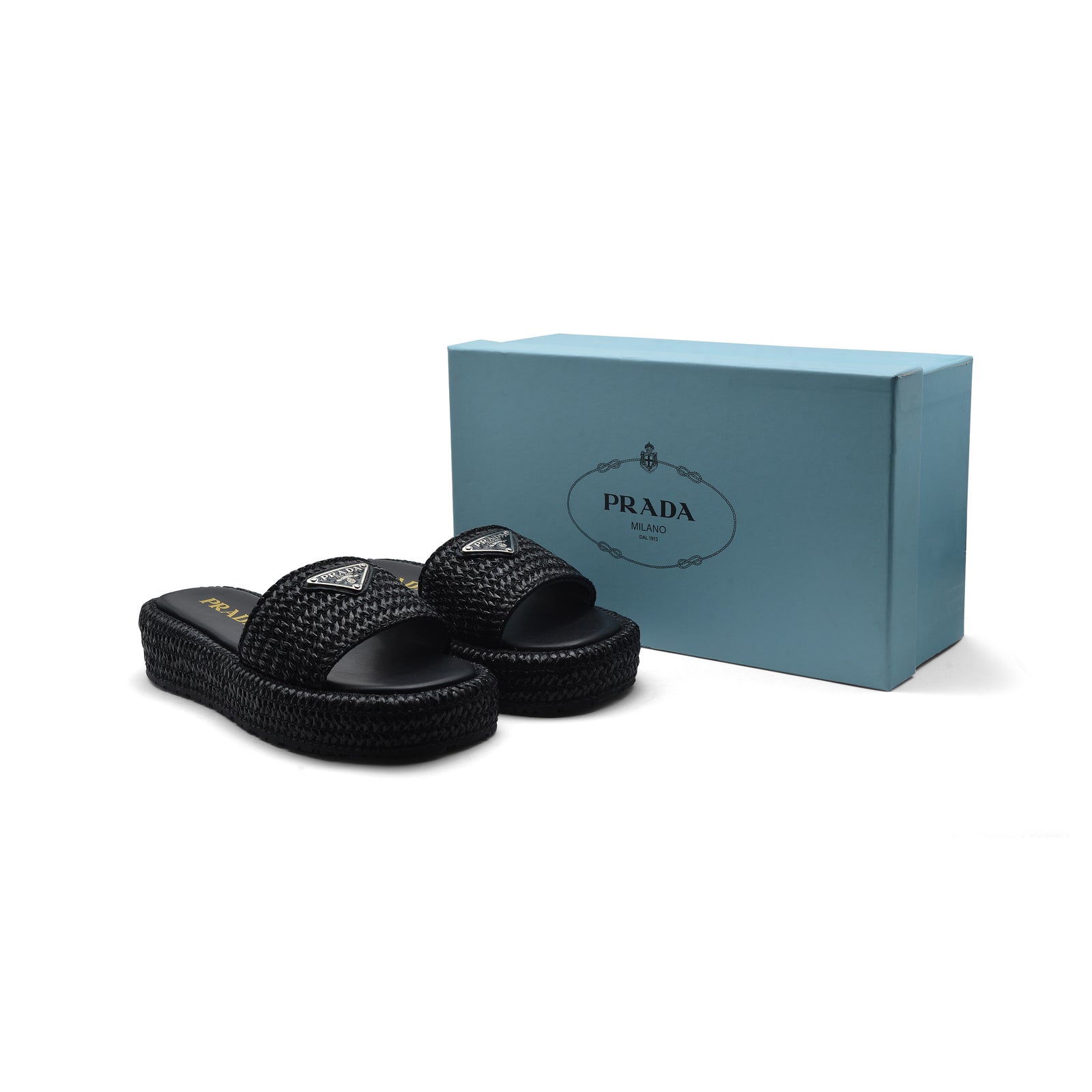 Prada Raffia Printed Espadrilles Crochet Flatform Sandals Woman PA-158 Black - 4