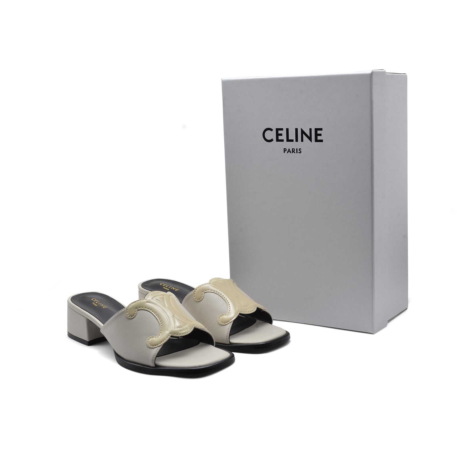 Celine Emblem Block Heel Leather Mule In Woman A2156 Beige - 4