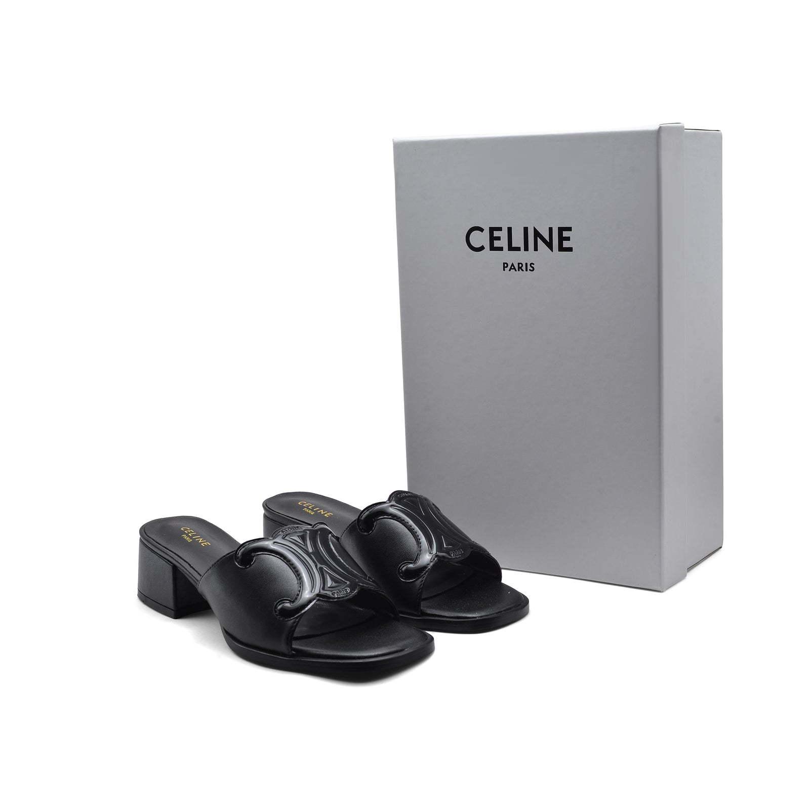 Celine Emblem Block Heel Leather Mule In Woman A2156 Black - 4