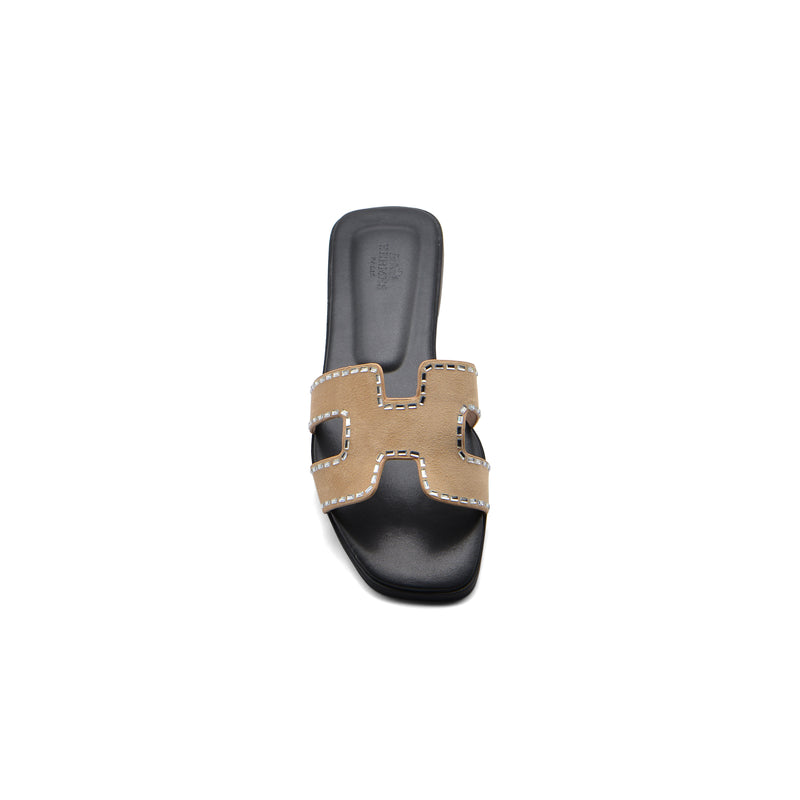 Hermes Calfskin Crystal Embellished Oran Sandals Woman H38-13 Beige - 3