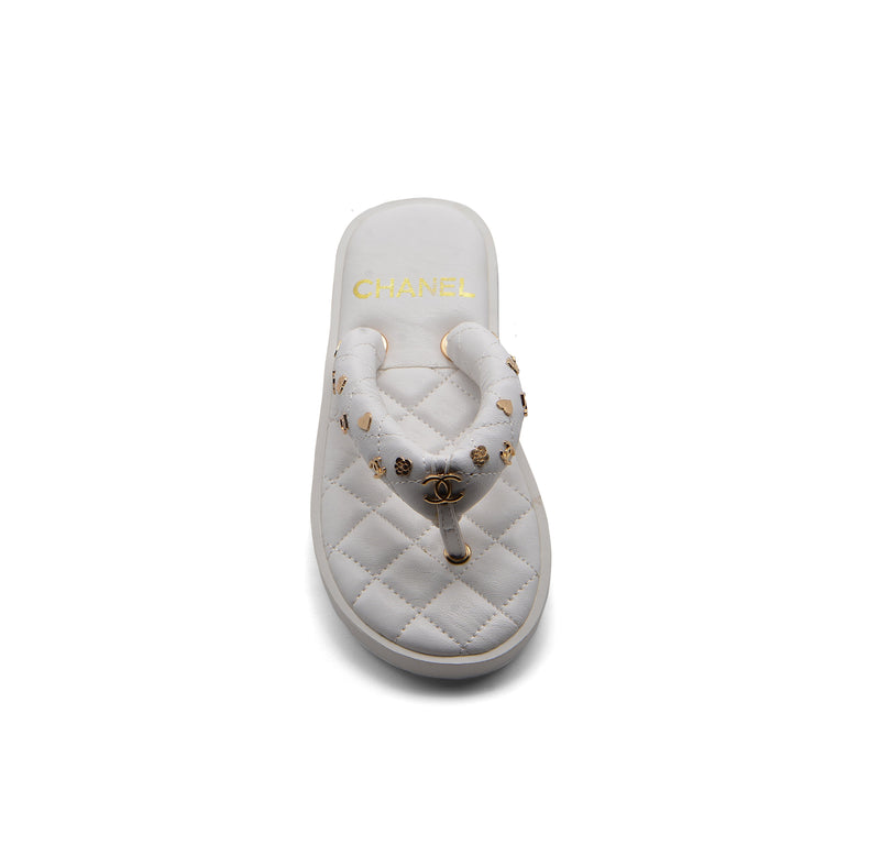 Chanel Lambskin Quilted Padded Charms Thong Sandals Woman XJC3134 White - 3
