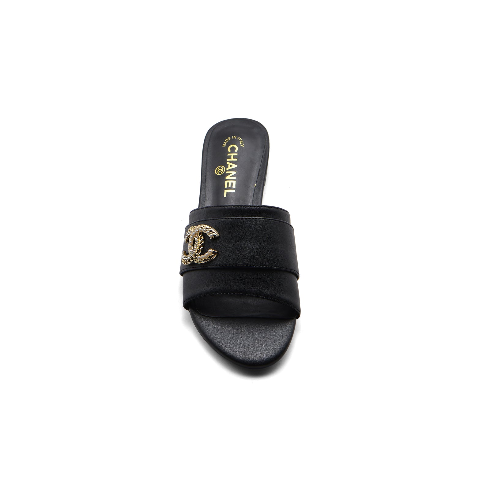 Chanel Leather Pearl Crystal CC Logo Slide Mules Ivory Slipper Woman 51156 Black - 3