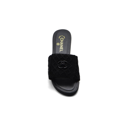 Chanel White Pearl CC Flat Slides Slipper Woman E6545 Black