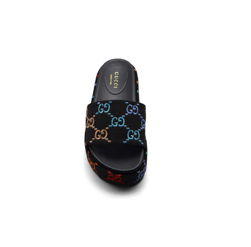 GUCCI Platform Multicolor logo print canvas slides Woman 2020-G5 Black - 3