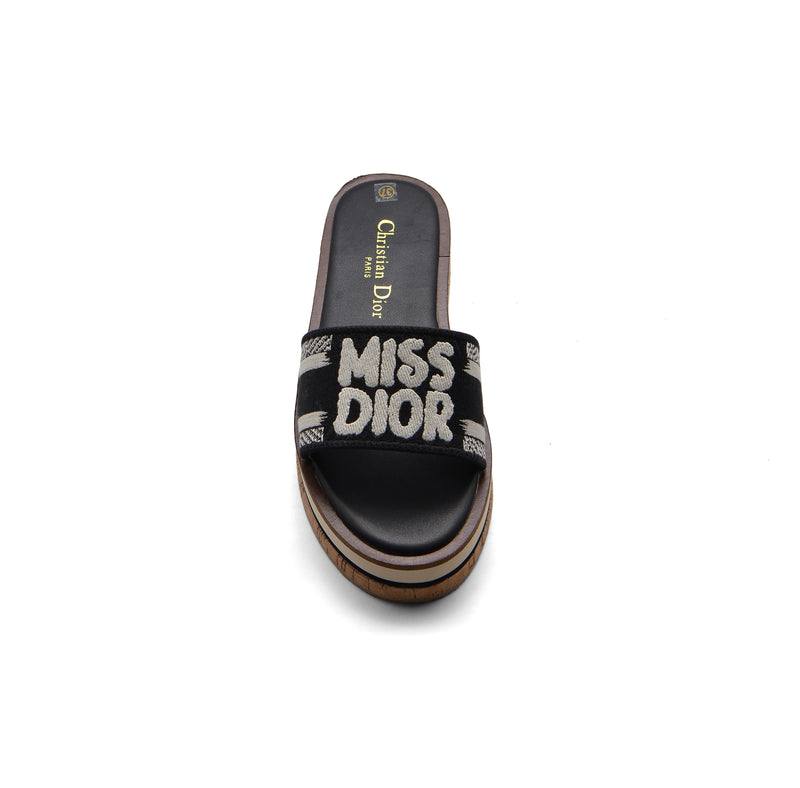 Christian Dior Dway Canvas Platform Raffia Chambray Jacquard Dioract Sandals Woman 2393 Black - 3