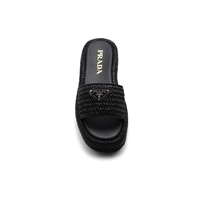 Prada Raffia Printed Espadrilles Crochet Flatform Sandals Woman PA-158 Black - 3