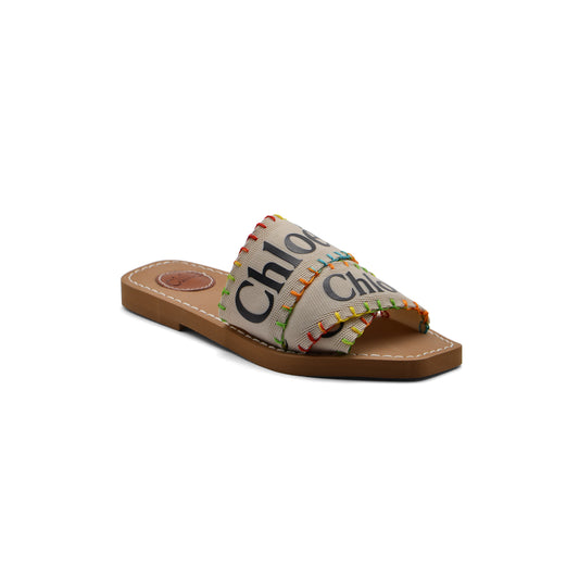 Chloe Multicolor Canvas Woody Flat Sandals Woman CH-3 Beige