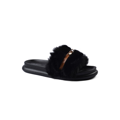 Slipper Flat Open Back Loafer Fur  Luxury Woman FUR-5 Black