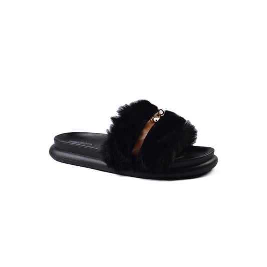 Slipper Flat Open Back Loafer Fur  Luxury Woman FUR-5 Black