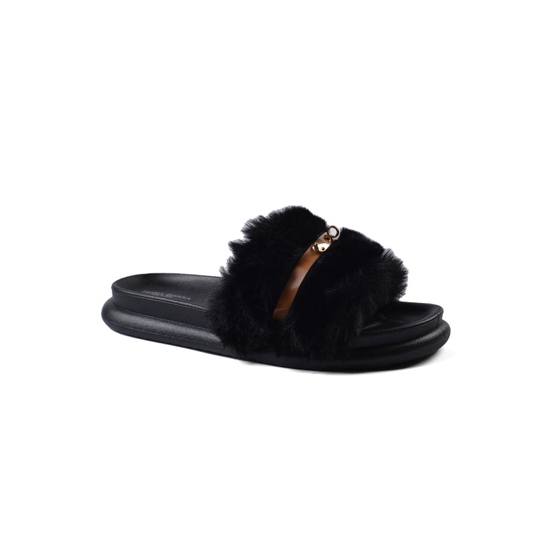 Slipper Flat Open Back Loafer Fur  Luxury Woman FUR-5 Black - 1