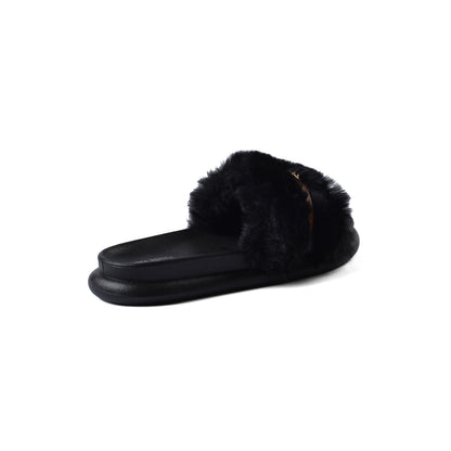 Slipper Flat Open Back Loafer Fur  Luxury Woman FUR-5 Black