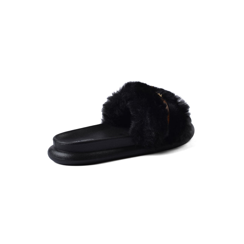 Slipper Flat Open Back Loafer Fur  Luxury Woman FUR-5 Black - 2