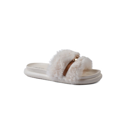 Slipper Flat Open Back Loafer Fur  Luxury Woman FUR-5 White