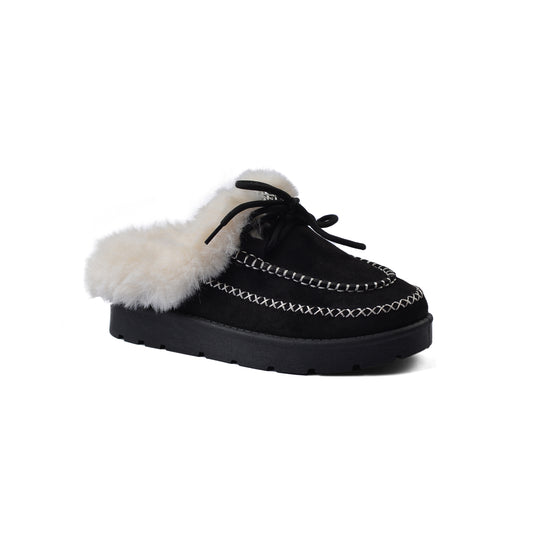 Slipper Double Flat Open Back Loafer Fur  Luxury Woman VI-171 Black
