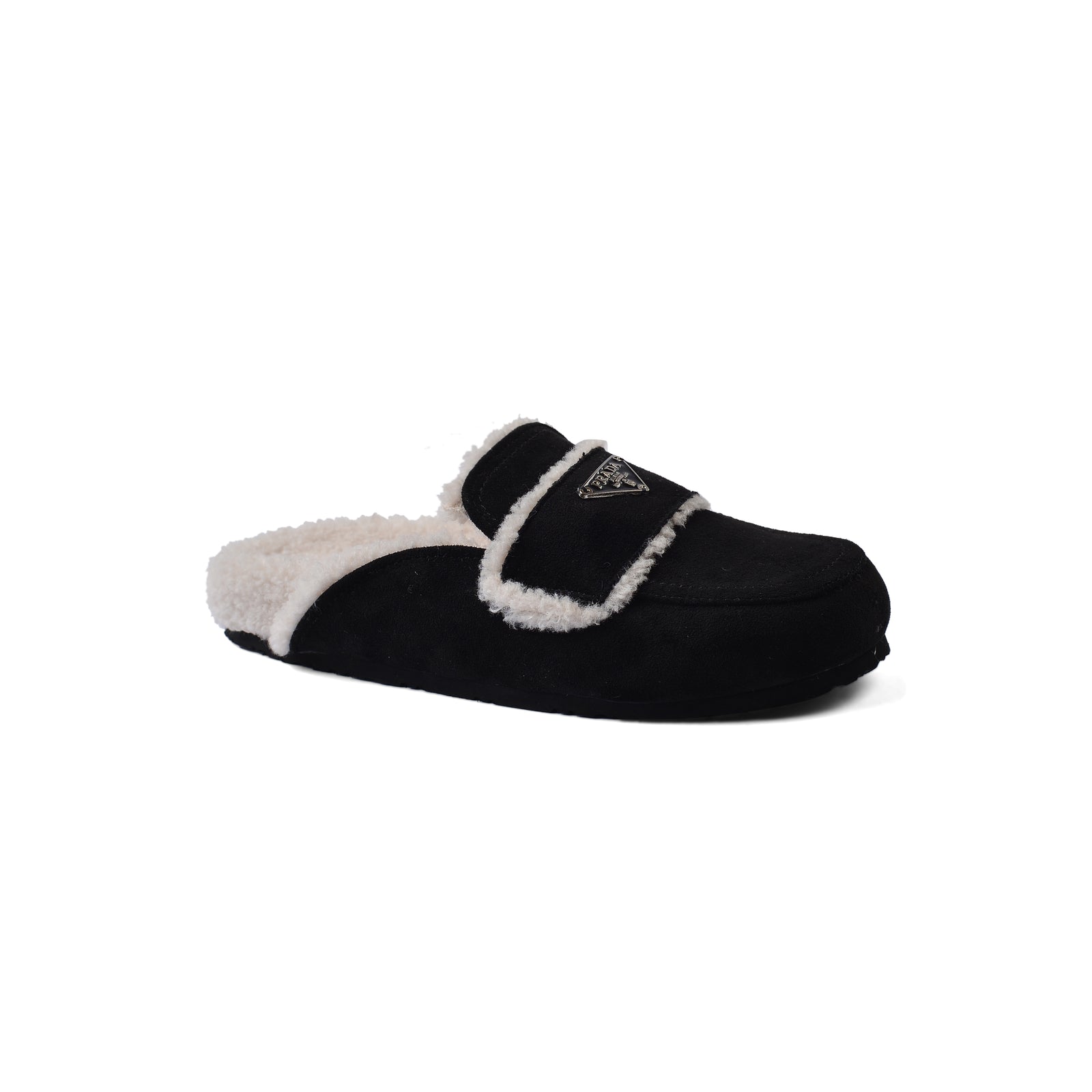 PRADA Flat Open Back Loafer Fur Slipper Luxury Woman VK-112 Black - 1