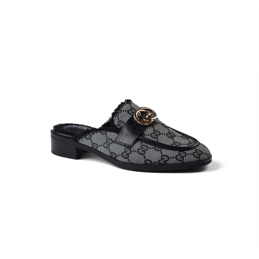 Gucci Flat Open Back Loafer Fur Slipper Luxury Woman VI-177 Black
