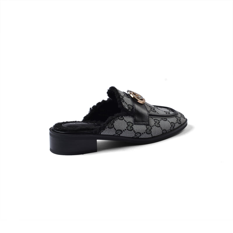 Gucci Flat Open Back Loafer Fur Slipper Luxury Woman VI-177 Black - 2