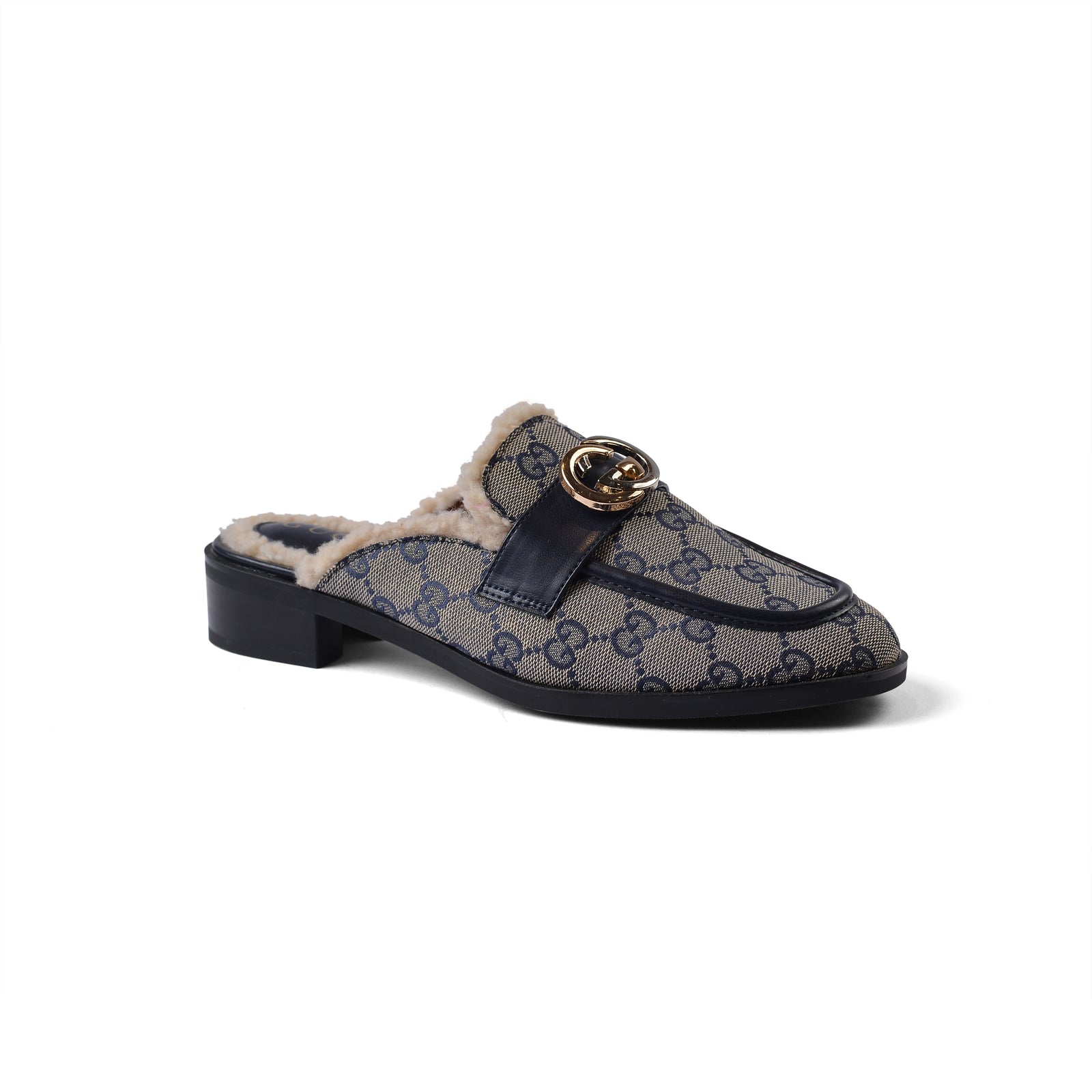 Gucci Flat Open Back Loafer Fur Slipper Luxury Woman VI-177 Navy - 1