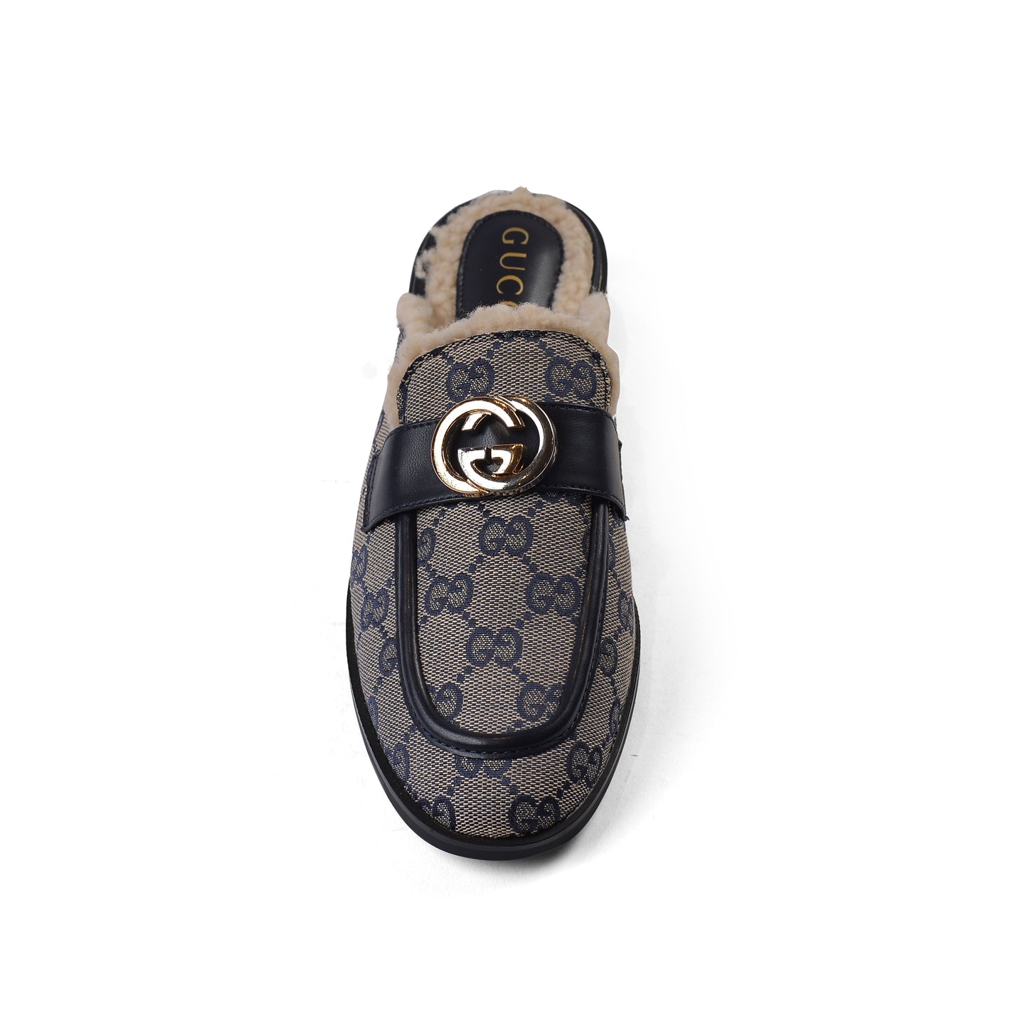 Gucci Flat Open Back Loafer Fur Slipper Luxury Woman VI-177 Navy