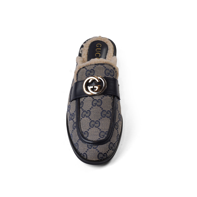 Gucci Flat Open Back Loafer Fur Slipper Luxury Woman VI-177 Navy - 3