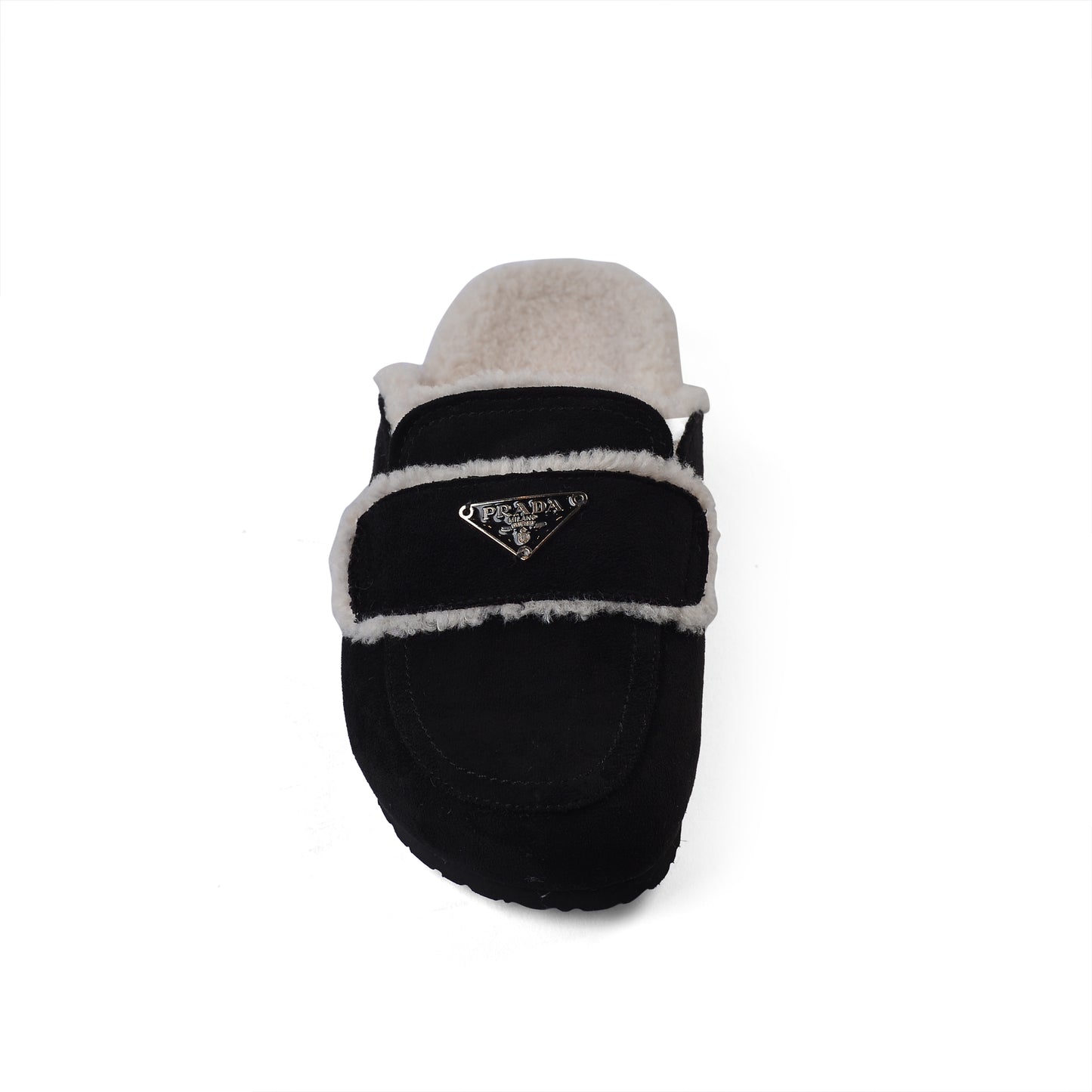 PRADA Flat Open Back Loafer Fur Slipper Luxury Woman VK-112 Black