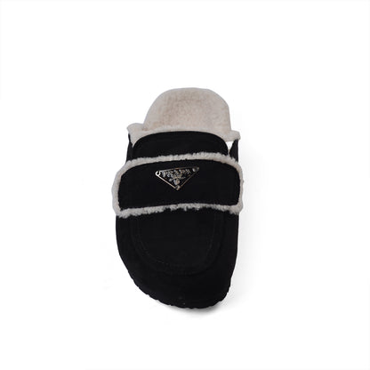 PRADA Flat Open Back Loafer Fur Slipper Luxury Woman VK-112 Black