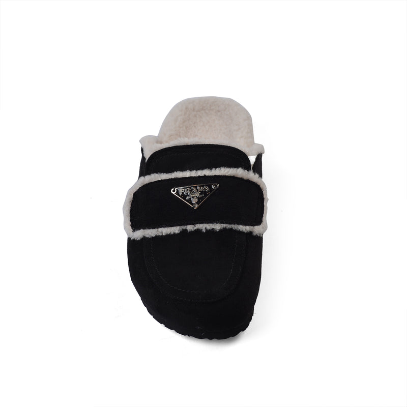 PRADA Flat Open Back Loafer Fur Slipper Luxury Woman VK-112 Black - 3