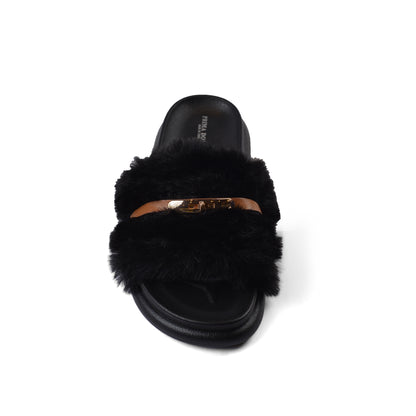 Slipper Flat Open Back Loafer Fur  Luxury Woman FUR-5 Black