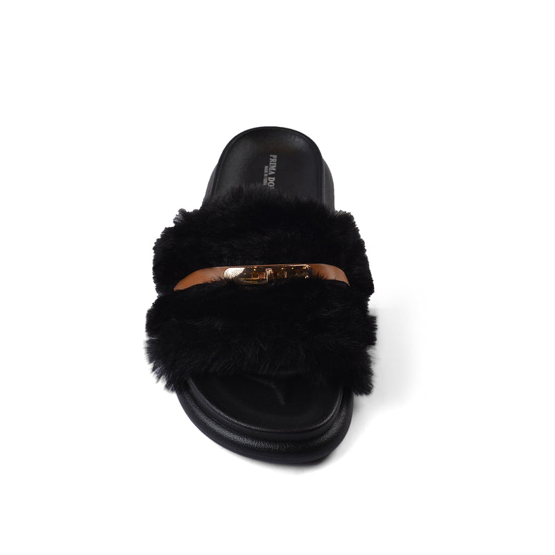 Slipper Flat Open Back Loafer Fur  Luxury Woman FUR-5 Black - 3