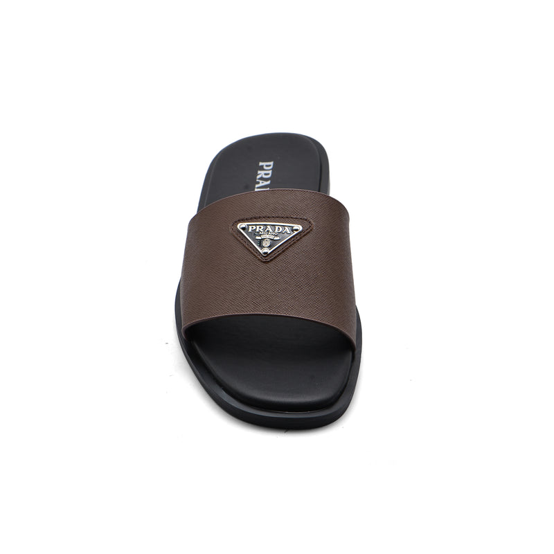 Prada Triangle-Logo Premium Quality Leather Slipper Man 41141 Coffee - 3