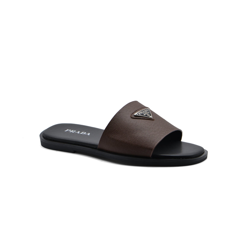 Prada Triangle-Logo Premium Quality Leather Slipper Man 41141 Coffee - 1