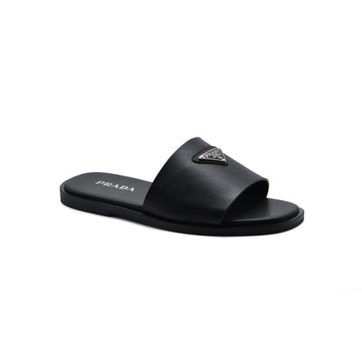 Prada Triangle-Logo Premium Quality Leather Slipper Man 41141 Black