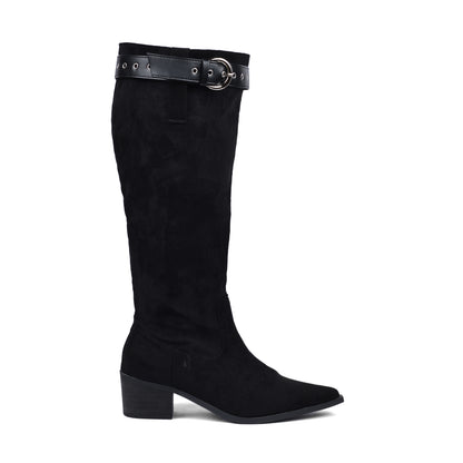 High Quality knee high boots made of suede with a low heel easy to wear equipped with a buckle DA09 Black