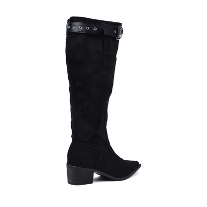 High Quality knee high boots made of suede with a low heel easy to wear equipped with a buckle DA09 Black