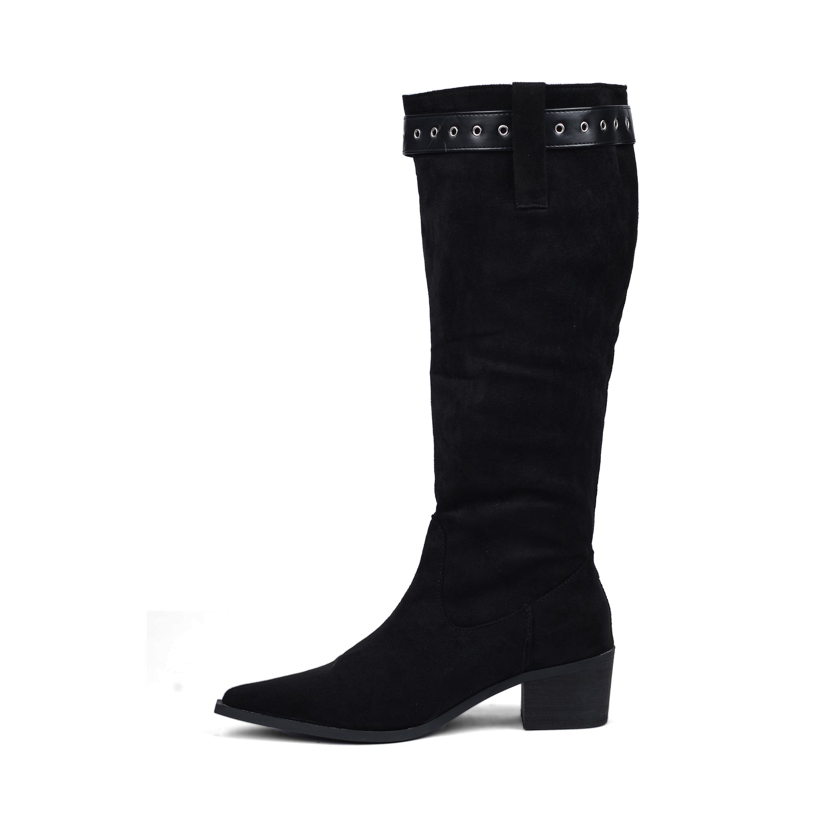 High Quality knee high boots made of suede with a low heel easy to wear equipped with a buckle DA09 Black - 3