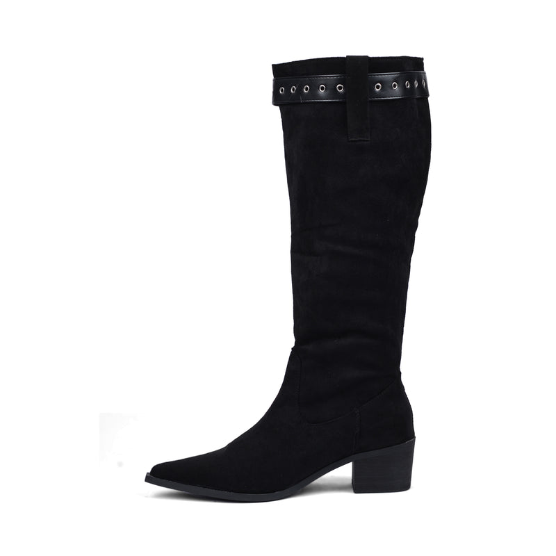 High Quality knee high boots made of suede with a low heel easy to wear equipped with a buckle DA09 Black - 3