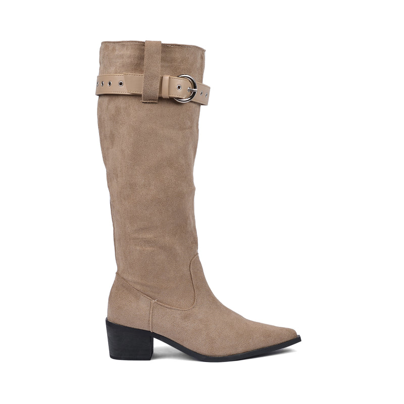 High Quality knee high boots made of suede with a low heel easy to wear equipped with a buckle DA09 Beige - 1