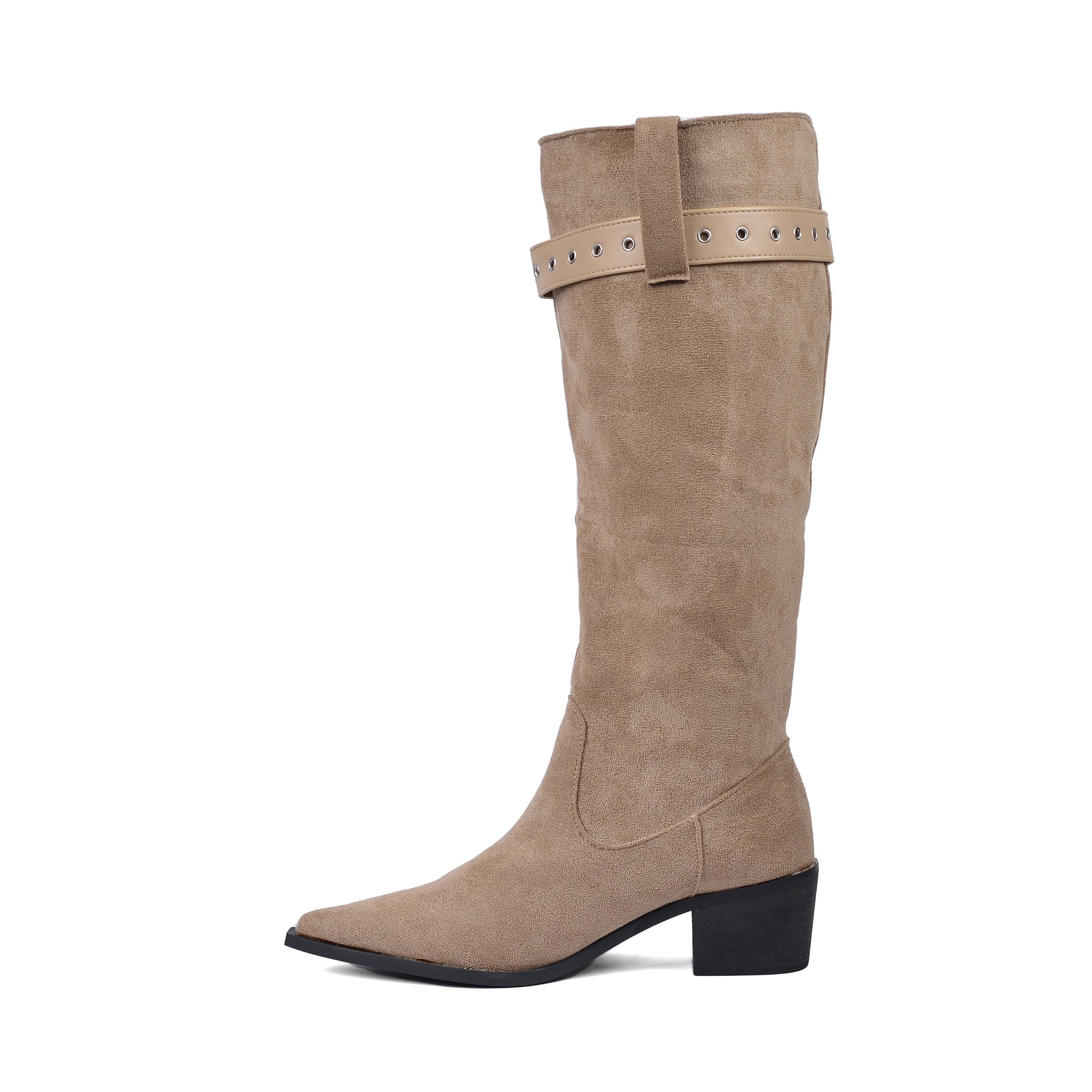 High Quality knee high boots made of suede with a low heel easy to wear equipped with a buckle DA09 Beige - 3