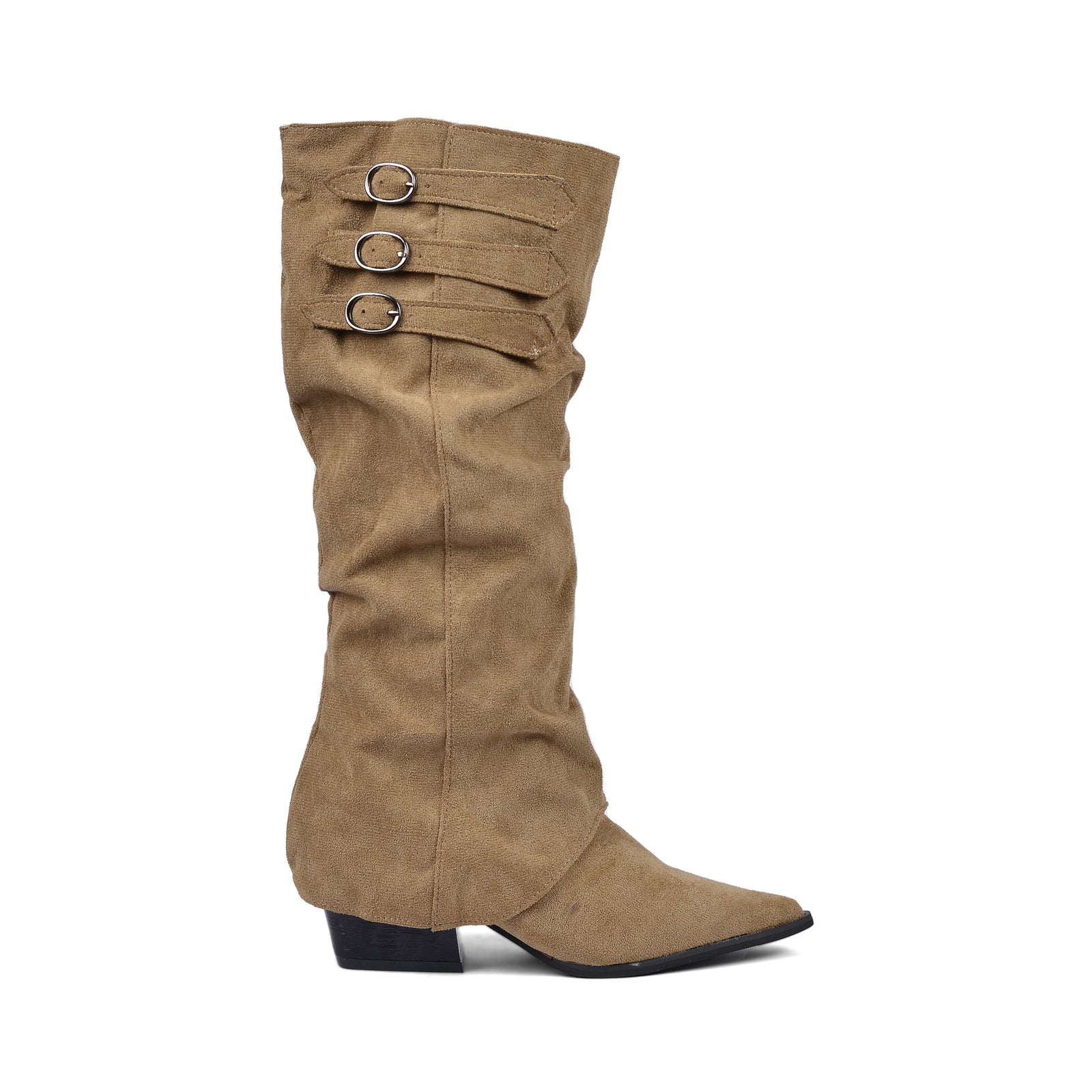 High Quality knee high boots made of suede with a low heel easy to wear equipped with a buckle D2988 Khaki - 1