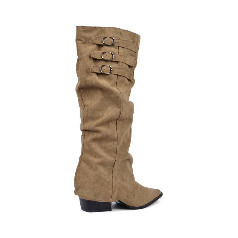 High Quality knee high boots made of suede with a low heel easy to wear equipped with a buckle D2988 Khaki - 3