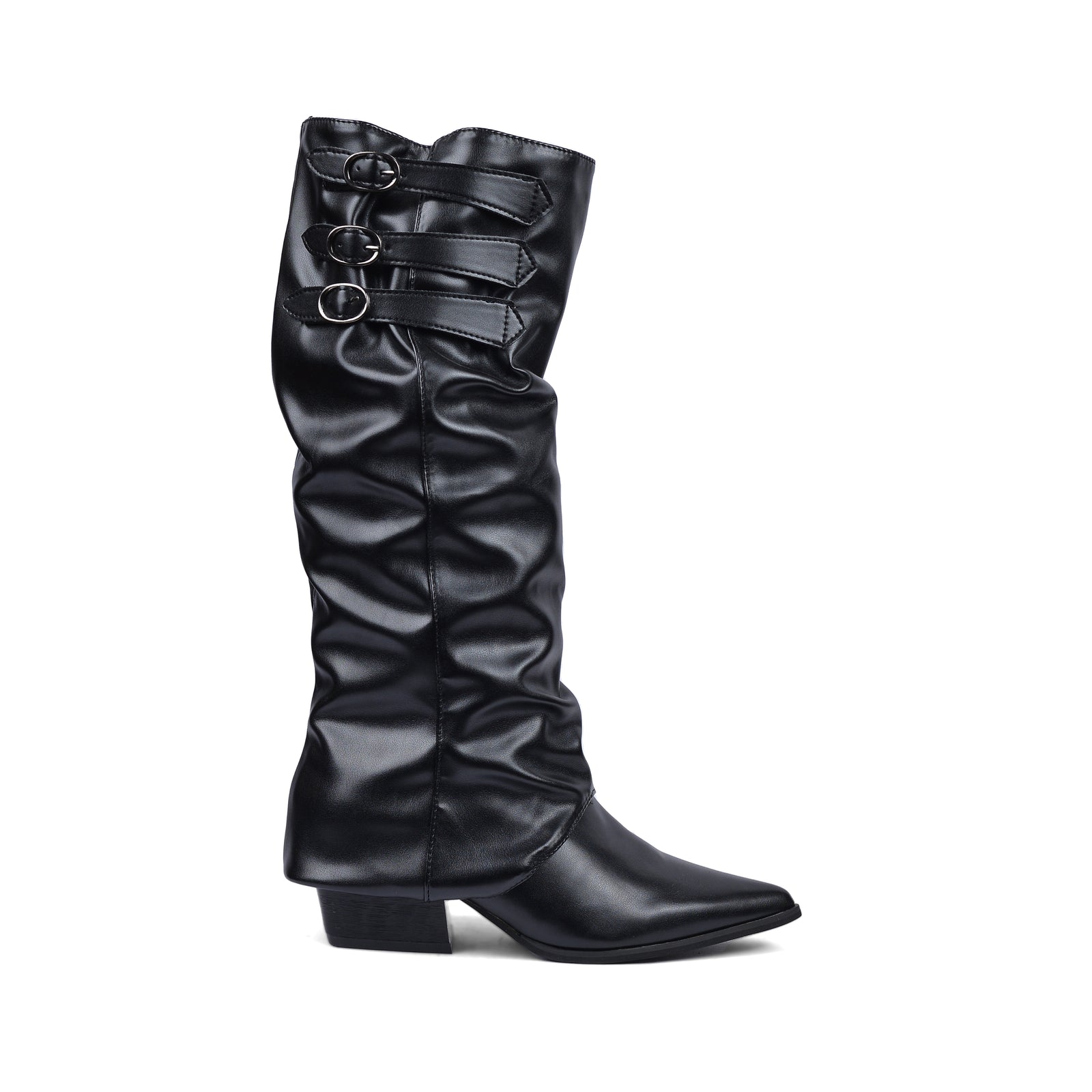 High Quality knee high boots made of suede with a low heel easy to wear equipped with a buckle D2988 Black - 1