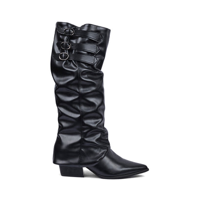 High Quality knee high boots made of suede with a low heel easy to wear equipped with a buckle D2988 Black