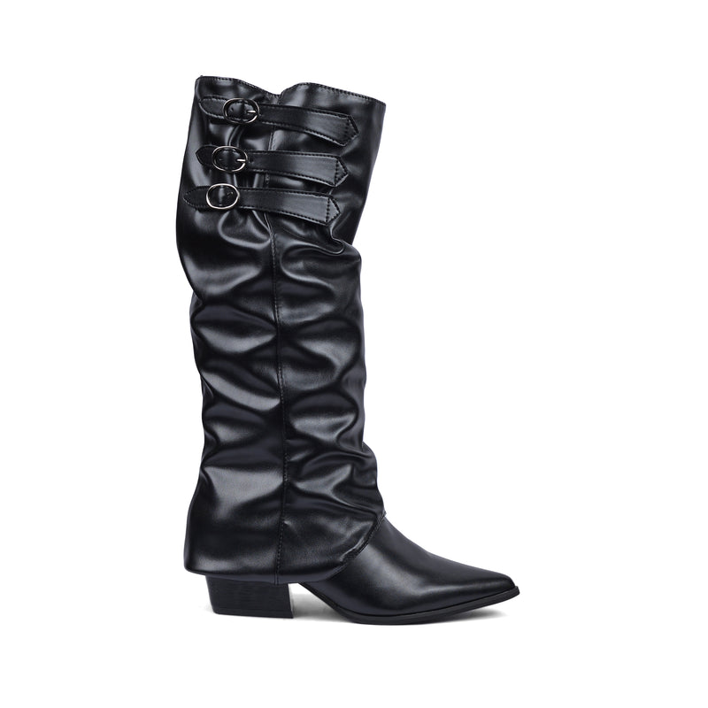 High Quality knee high boots made of suede with a low heel easy to wear equipped with a buckle D2988 Black - 1