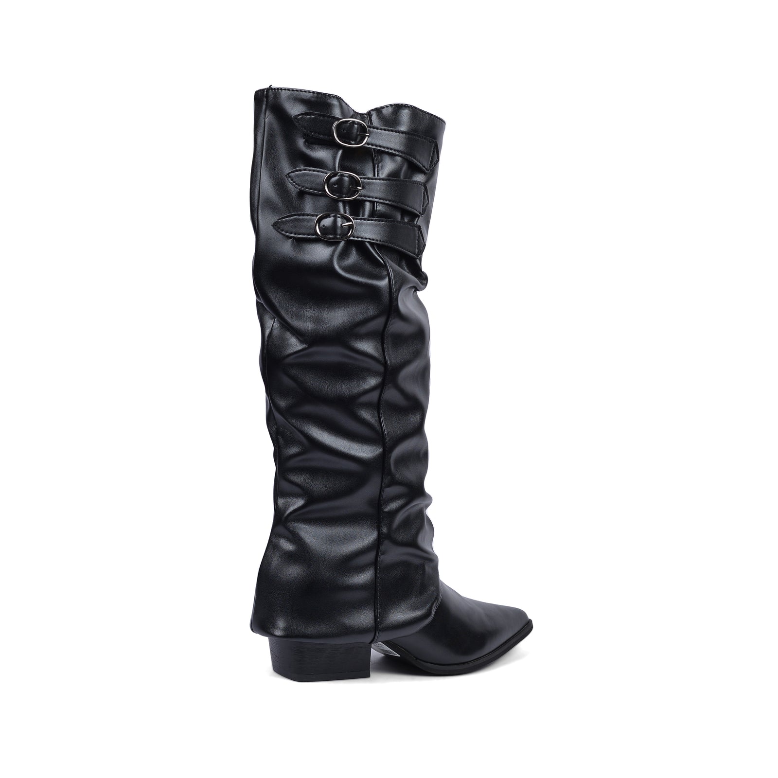 High Quality knee high boots made of suede with a low heel easy to wear equipped with a buckle D2988 Black - 3