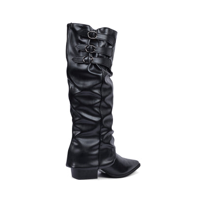 High Quality knee high boots made of suede with a low heel easy to wear equipped with a buckle D2988 Black