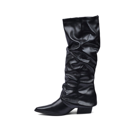 High Quality knee high boots made of suede with a low heel easy to wear equipped with a buckle D2988 Black