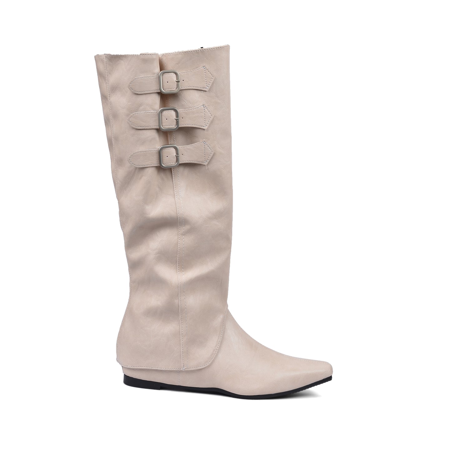 High Quality knee high boots made of suede with a low heel easy to wear equipped with a buckle QQ1 Beige