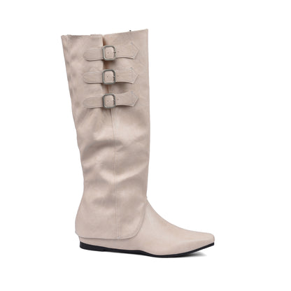 High Quality knee high boots made of suede with a low heel easy to wear equipped with a buckle QQ1 Beige